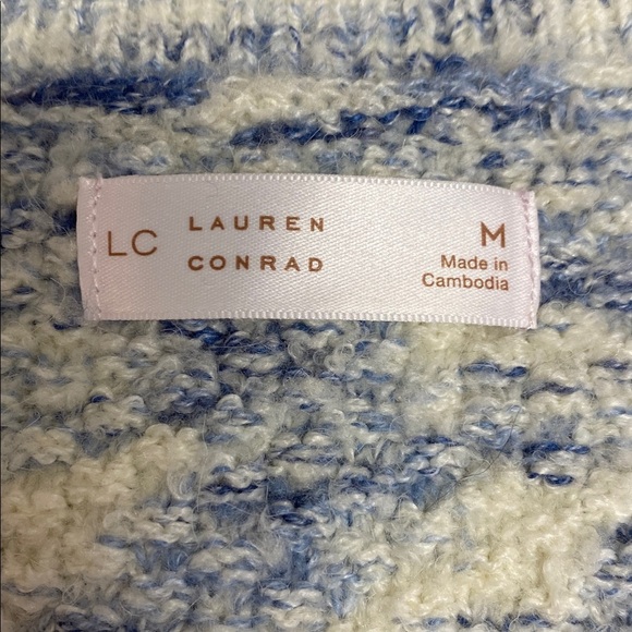 LC Lauren Conrad Sweater V-Neck Tunic Blue and Cream Knit Oversized Size Medium - Picture 2 of 10